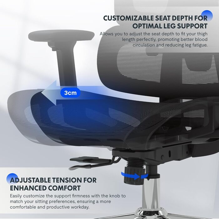 Ергономічне офісне крісло FLEXISPOT, стілець для роботи з підставкою для ніг, 3D підлокітники, 3D підголівник, 5D спинка, дихаюче сидіння, вантажопідйомність до 136 кг, ErgoX, чорний (з підставкою для ніг) Lite