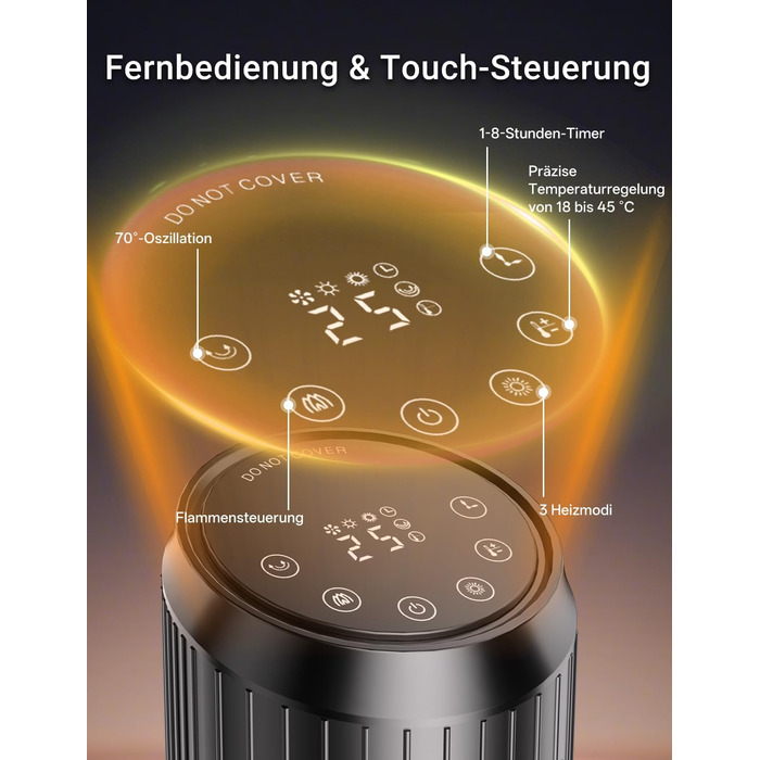 Енергозберігаючий керамічний електричний обігрівач потужністю 2000 Вт з дистанційним керуванням, ефектом димоходу, термостатом, коливаннями 70, режимом ECO, 3 режимами, таймером 1-8 годин, захистом від перегріву та перекидання, тихою роботою для офісу та 