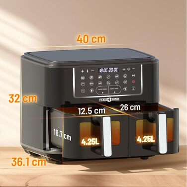 Фритюрниця PARIS RHNE 9.5 л, фритюрниця XXL двокамерна з оглядовим вікном, фритюрниця 12-в-1, смаження гарячим повітрям без олії, безпечна посудомийна машина, аерофритюрниця енергозберігаюча 9.5 л чорна