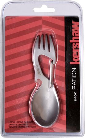 Мультитул Kershaw Ration з нержавіючої сталі, ложка, виделка, карабін та відкривачка для пляшок, звичайна довжина та XL звичайна - 4,6 дюйма, сріблястий