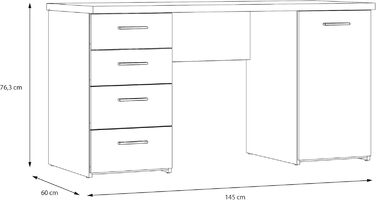 Письмовий стіл FORTE Net106 з 4 шухлядами та 1 дверцятами, інженерна деревина, матово-білий, 145 x 60 x 76,3 см. Матово-білий, 4 шухляди, 1 дверцята.