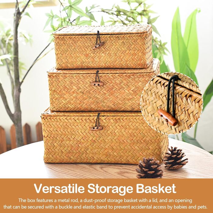 Кошики для зберігання речей, комплект кошиків з ротанга з 3 предметів з кришками, плетені кошики для подарунків, багатофункціональні кошики з морської трави, органайзери для косметики для ванної кімнати, вітальні, кухні