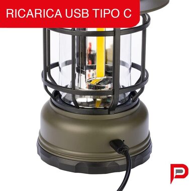 Акумуляторний світлодіодний вуличний ліхтар, ретро-дизайн - Багатоцільовий кемпінговий ліхтар, 300 лм, з регульованою яскравістю - Портативний аварійний ліхтар з гачком для намету - Світлодіодний ліхтар, виготовлений в Італії, 3115