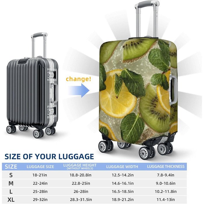 Чохол для валізи Лимон та Ківі з принтом, еластичний захист від подряпин та пилу, чорний, розмір 95