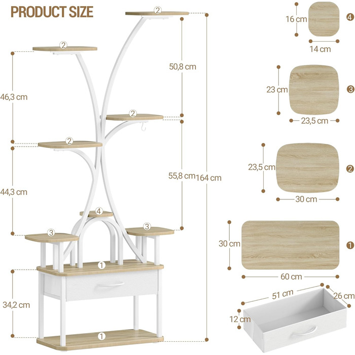 Підставка для рослин Hzuaneri з лампою для вирощування, 9-ярусна підставка для квітів з 4 світлодіодними лампами RG, регульований колір та час, 164 см, ідеально підходить для вітальні, балкона, саду, біла, PS16016WEU 9 ярусів білого кольору