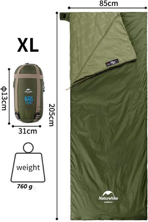 Міні-спальний мішок Naturehike Ultralight, малий, 760 г, 3-сезонний, 205 x 85 см, для піших прогулянок, походів, кемпінгу при температурі приблизно 15C, армійський зелений - XL