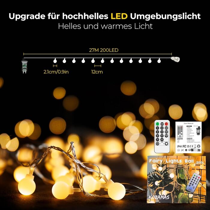 Казкові вогні на відкритому повітрі - 27M 200 світлодіодних кульових ланцюжків з 8 режимами IP44 водонепроникний, вечірній світлов