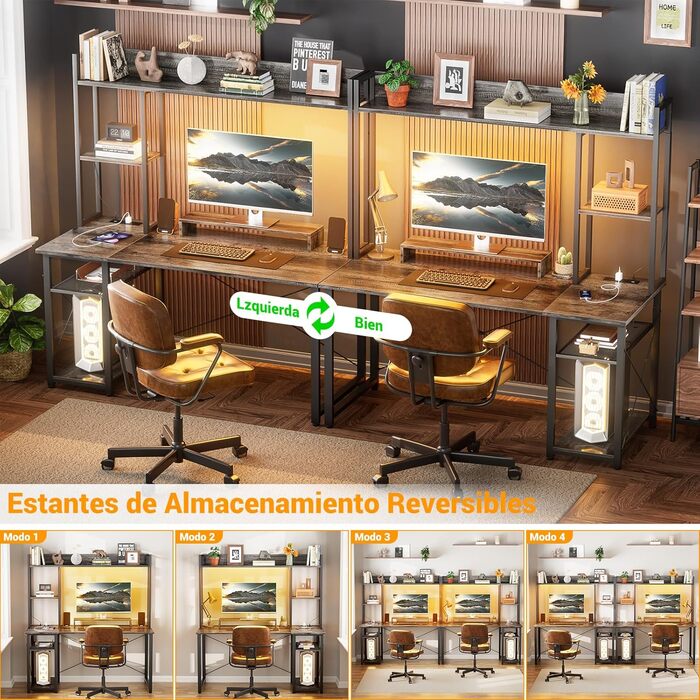 Ігровий стіл з полицею, комп&39ютерний стіл 47 дюймів зі світлодіодним підсвічуванням та розетками, стіл для домашнього офісу з двосторонніми 5-ярусними відділеннями для зберігання та підставкою для монітора, чорний, 120 см.