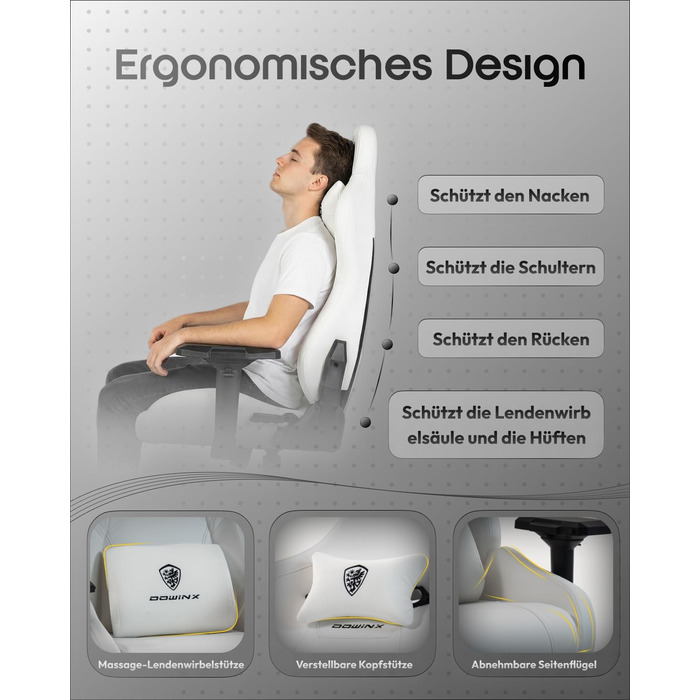 Ігрове крісло Dowinx з 4D підлокітниками та функцією гойдання 15, регульоване масажне ігрове крісло 165, ергономічне ігрове крісло, гоночний дизайн для геймерів та кіберспорту, вантажопідйомність 135 кг, білий колір