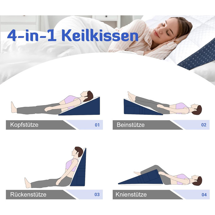 Універсальна клиноподібна подушка INFANZIA для ліжка та дивана - подушка для читання з піни з ефектом пам&39яті - ергономічна клиноподібна подушка для ліжка від рефлюксного апное сну, ідеальна подушка для спини для підтримки спини під час гри (білий/синій