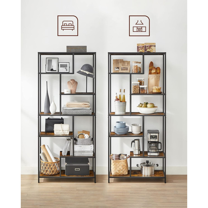 Книжкова полиця VASAGLE, блок із 6 полицями, окремостояча полиця, полиці з ДСП, 30 x 80 x 180 см, для кабінету, офісу, вітальні, спальні, кухні, чорний колір - вінтажний коричневий LLS119B01 чорний колір вінтажний коричневий колір, ДСП сталь
