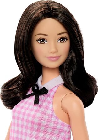Лялька Barbie Fashionistas 224 із хвилястим чорним волоссям, рожевою сукнею в ситцевий колір і аксесуарами, колекційна модна ляльк