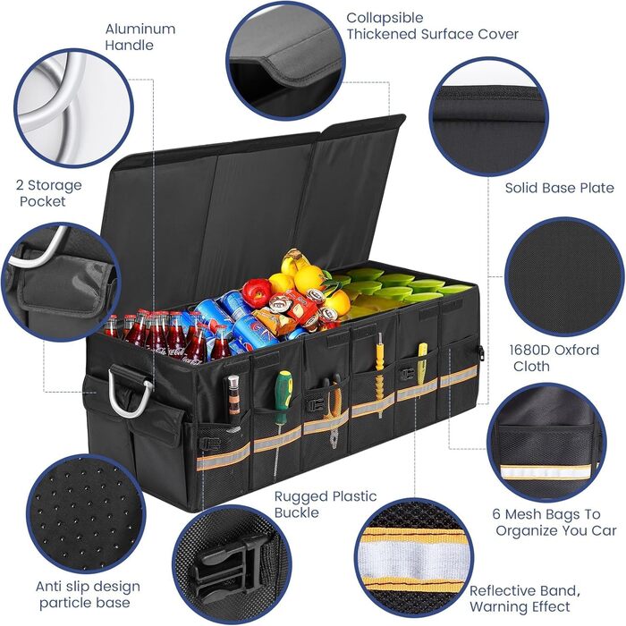 Органайзер для багажника XXL, складаний 90 см, велика автомобільна сумка для зберігання речей з посиленими алюмінієвими ручками, нековзним дном та численними кишенями ідеально підходить для автомобілів, позашляховиків та пікапів