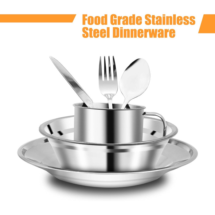 Набір столових приборів з нержавіючої сталі з 29 предметів миски, тарілки, чашки, виделки, ложки та ножі для 4 осіб, сріблястий