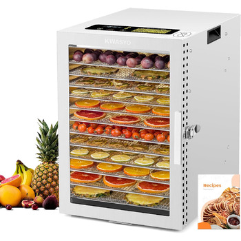 Дегідратор Kwasyo з нержавіючої сталі, подвійний вентилятор 360 ефективне сушіння, дегідратор 12 рівнів, контроль температури 20-90C, таймер на 24 години, захист від перегріву, буклет рецептів для м'яса, фруктів, овочів, трав