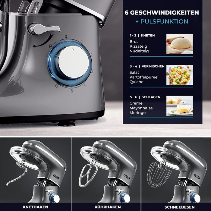 Кухонний комбайн Fentic - 2000 Вт - Чаша для змішування з нержавіючої сталі (6.2 л) - Тістомісильна машина з гачком для змішування, гачком для тіста, віночком і захистом від бризок - включаючи захисний чохол і додаткові аксесуари - Антрацит