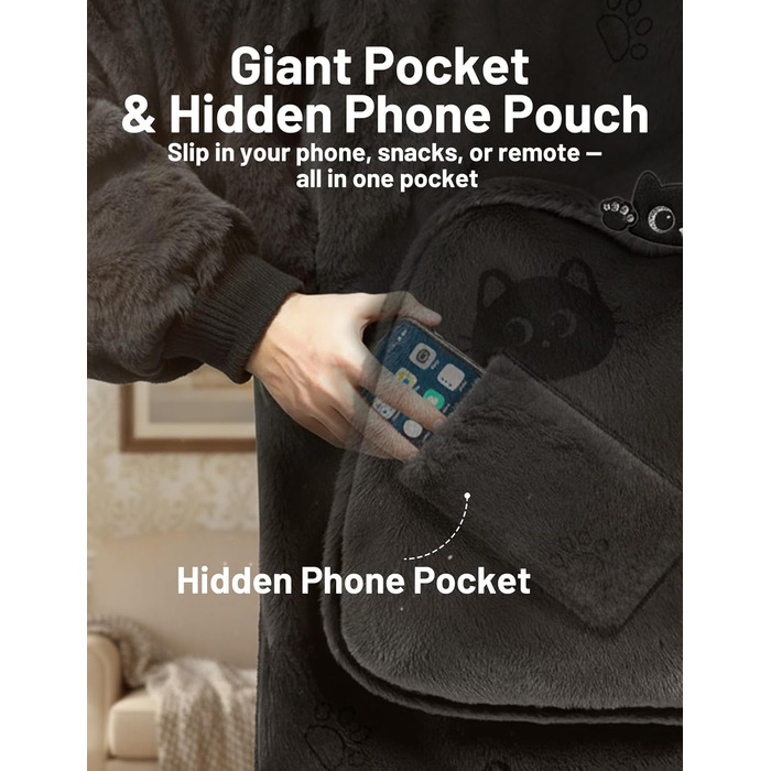 Ковдра Mewaii з рукавами, м&39яка фланелева ковдра з худі з шерпи для жінок та чоловіків, ідеально підходить для дому, подорожей та любителів домашніх тварин, світло-чорна