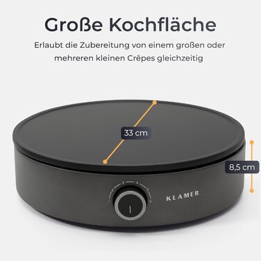 Млинниця KLAMER, велика поверхня для випікання діаметром 33 см, плита з антипригарним покриттям, вкл. тісторозділювач і дерев'яний