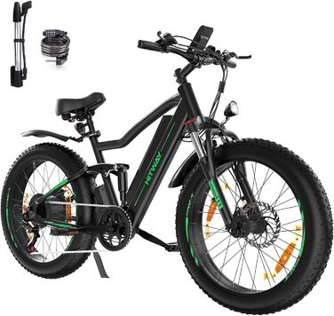 Електричний велосипед HITWAY E Bike для дорослих 26-дюймовий 4.0 Fat Tire Ebikes, гірський велосипед E-MTB 48V 15Ah, педальний, 7-швидкісний, до 55-80 км Чорний