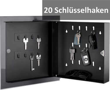 Сучасна скринька для ключів BALOU зі скляною магнітною дошкою - Магнітна дошка для пам&39яток з 6 магнітами та ручкою - Велика шафа для ключів з 20 гачками - Ідеально підходить для коридору, вхідної зони, офісу - 33x33x6,8 см Антрацит