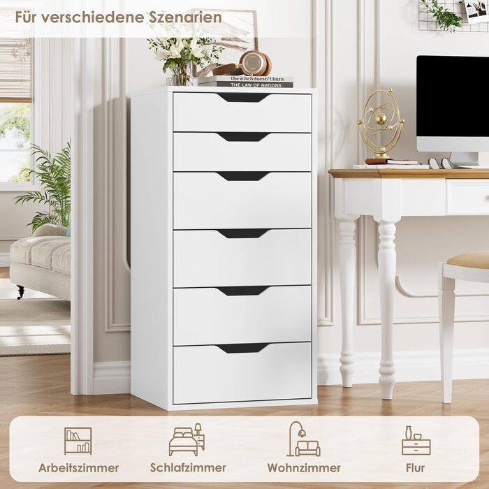 Комод з 6 шухлядами, вузький комод для спальні, вітальні, офісу, передпокою, 45x40x90,5 см, білий