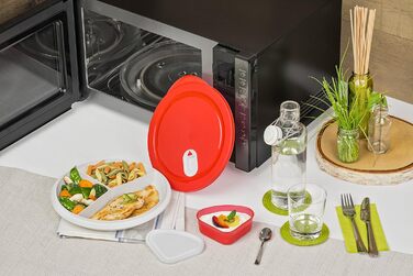 Контейнер для мікрохвильової печі Rotho XL Clever 1.2л з кришкою та роздільниками, пластик (PP) без BPA, білий/червоний, 26 x 26 x 4.8 см