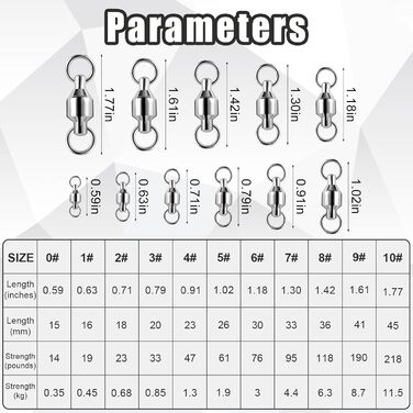 Шарикопідшипники Вертлюги для риболовлі, 11 розмірів Рибальські вертлюги Високоміцні шарикопідшипники з нержавіючої сталі Вертлюги з суцільною бочкою Вертлюги для морської та прісноводної риболовлі, 55 шт.