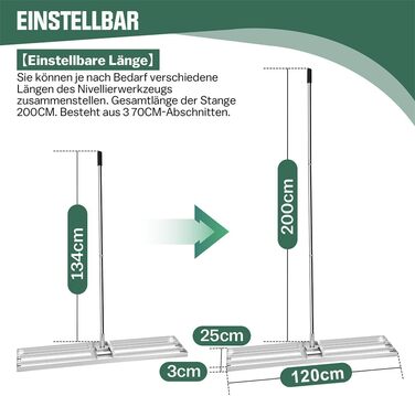 Ракель для газону 120*25 см, V2A Граблі для вирівнювання газону з нержавіючої сталі з ручкою 2М (різьбове з'єднання 3x70 см), ракель для газону XXL для шліфування Хонінгінг Вирівнювач площі Вирівнювач площі Вирівнювач газонів Вирівнювання газону Плануваль