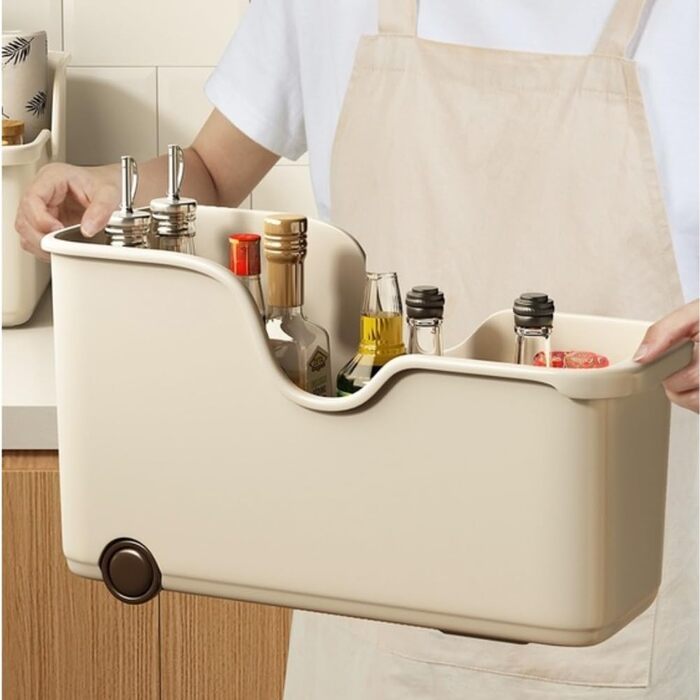 Кухонний ящик для зберігання, пластиковий, з колесами, для каструль та кришок, кутове відкриття, для двосторонніх пазів, 38 x 15 x 22 см, бежевий