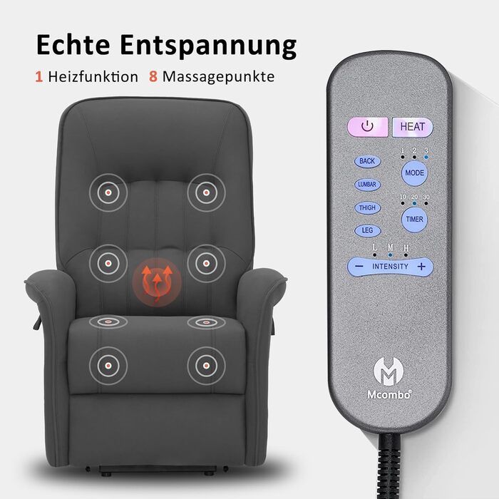 Крісло для телевізора M MCombo з електричним підйомником, 2 двигуни, з масажем та підігрівом, реклайнер з функцією лежання до 160, подушка сидіння з повного пінополіуретану 35D 7584 (мікрофібра, сірий)