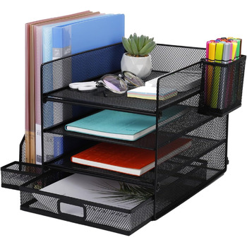 Сітчастий настільний органайзер для документів формату A4, 3 рівні лотків для документів, 1 органайзер для дрібних деталей та 1 тримач для ручок, сітчастий настільний органайзер з відділеннями для зберігання з лотком для документів та офісного приладдя