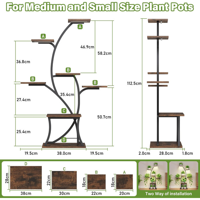 Підставка для рослин з лампою для вирощування - 7-ярусна підставка для квітів 112 см, полиця для рослин з металу та дерева - Квіткові драбини для приміщень та вулиці - Декоративна чорна квіткова підставка для балкону в приміщенні