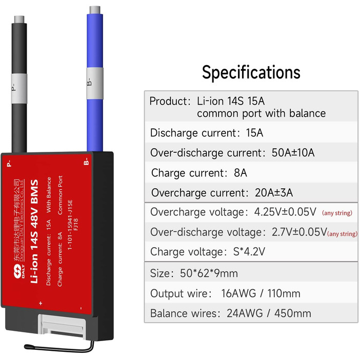Система керування літій-іонним акумулятором DALY BMS 14S 48V 15A, плата захисту акумуляторного блоку зі загальним портом та балансувальними проводами для домашнього використання, електронних пристроїв з акумулятором 18650, саморобними роботами