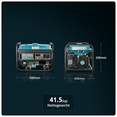 Бензиновий генератор K&S Knner&Shnen KS 2900, аварійний генератор потужністю 2900 Вт, 2x16A (230 В), 12 В, генератор з (AVR), генератор з індикатором рівня оливи, захистом від перевантаження та короткого замикання, генератор
