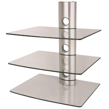 Підвіс для полиці NEG HiFi 503S, консольна стійка HiFi, настінна полиця, плаваюча (срібляста), з 3 великими скляними полицями (прозора) та системою організації кабелів, сріблястий, 3 полиці