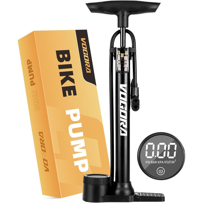 Велосипедний насос VOGORA, підлоговий, 16.5 дюймів (~42 см), 11 бар / 160 PSI, інтегрований циліндр (сталь), чорний