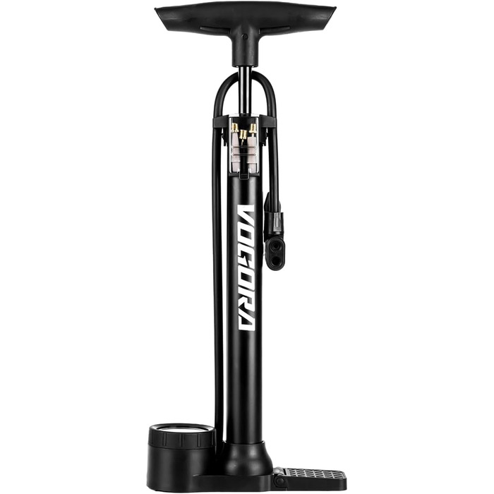 Велосипедний насос VOGORA, підлоговий, 16.5 дюймів (~42 см), 11 бар / 160 PSI, інтегрований циліндр (сталь), чорний