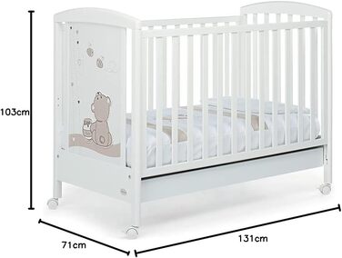 Дитяче ліжечко з регульованою бічною панеллю, 131 x 71 x 103 см, 24 кг, біле. Регульоване