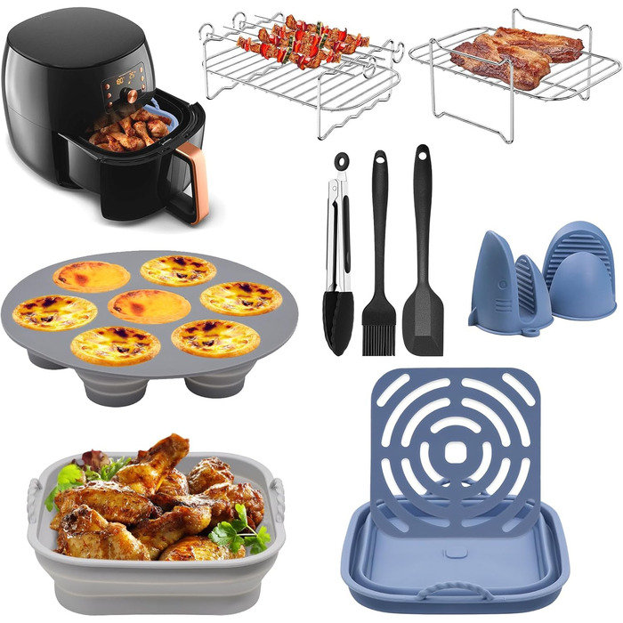 Аксесуари для фритюрниці Idota з 10 предметів, аксесуари для фритюрниці з силіконовими вставками/решітка для приготування їжі/решітка для приготування на пару/рукавички для духовки/мультиварка для COSORI 5.5 л/6.4 л, Tefal 5.6 л/6.5 л і Philips 6.2 л/7.2 