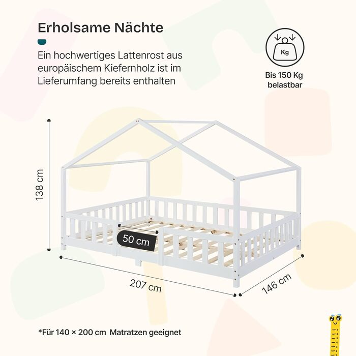 Дитяче ліжко Treviolo House, 140 x 200 см, Дерев&39яне дитяче ліжко із захистом від падіння, каркас ліжка Монтессорі з рейковою основою, сосна, білий колір, 140 x 200 см