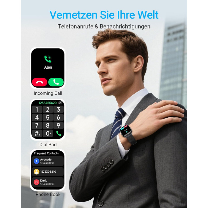 Розумний годинник для чоловіків та жінок з функцією телефону, фітнес-годинник 1,85 дюйма, понад 100 спортивних режимів, фітнес-трекер з моніторингом серцевого ритму/SpO2/сну, крокомір, водонепроникний спортивний годинник IP68 для iOS та Android, металевий