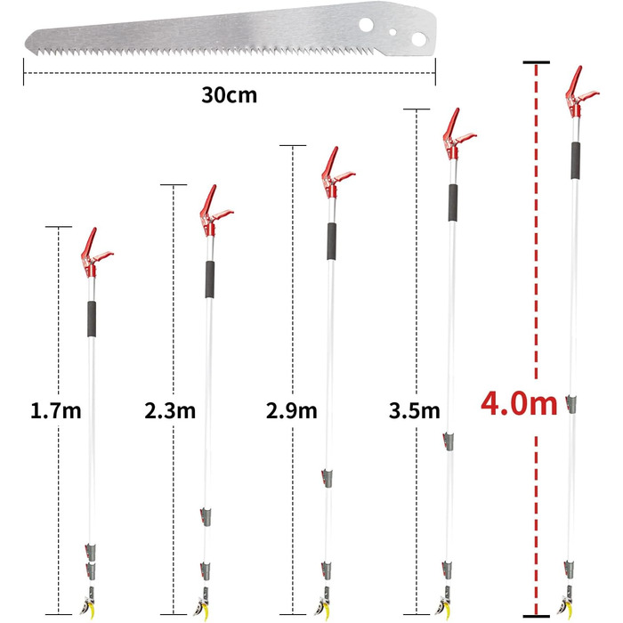 Телескопічні секатори LAIWOO 1,7-4 м, пила для секатора зі сталевим зубцем SK5, довжина пильного диска 30 см, регульована по довжині телескопічна пила для обрізки для роботи у віддалених місцях, ножиці для збору плодів для саду 1,7-4м
