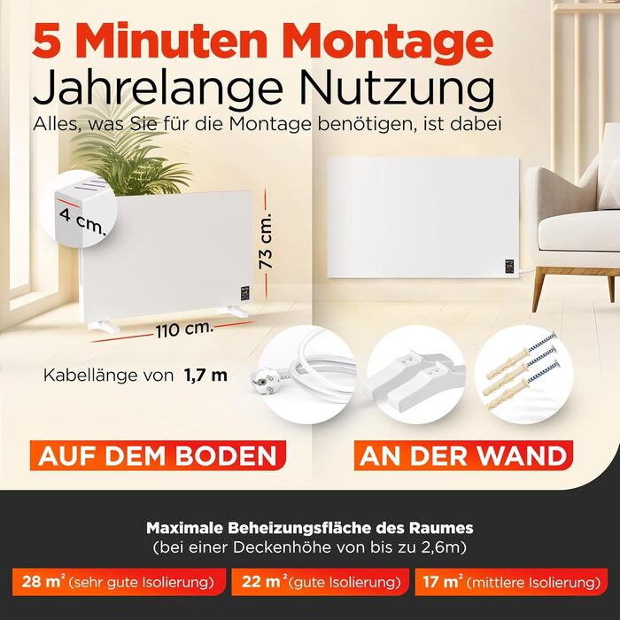 Інфрачервоний WiFi обігрівач з термостатом 1100 Вт до 28 м Розумний інфрачервоний настінний обігрівач та окремостоячий пристрій Енергозберігаючий інфрачервоний електричний обігрівач та конвектор для дому та спальні WiFi - 1100 Вт до 28 м