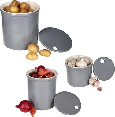 Набір із 3 контейнерів для зберігання Oskar MamboCat розмірів S, M та L сірого кольору Горщик із кришкою для картоплі, цибулі та часнику з білої глини для вашої кухні Циліндрична скринька для зберігання