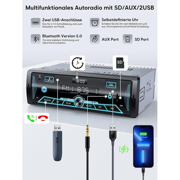 Автомобільна стереосистема RDS Bluetooth для 9-24 В, FM/AM Автомобільна стереосистема з Bluetooth Hands-free, 7 кольорів Радіо з пультом дистанційного керування MP3-плеєр Радіо2 USB/Незалежний годинник/SD/AUX(різнокольоровий)