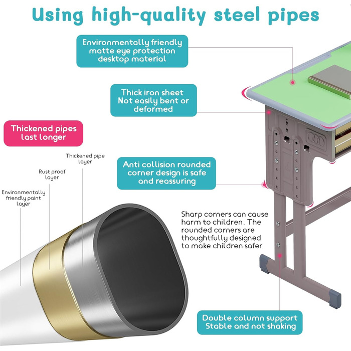 Дитячий комплект столу та стільця, регульований по висоті, для школи та університету, комплект столу та стільця з шухлядою для зберігання речей, ергономічний комплект стільців для роботи з гачком для рюкзака, підходить для дітей від