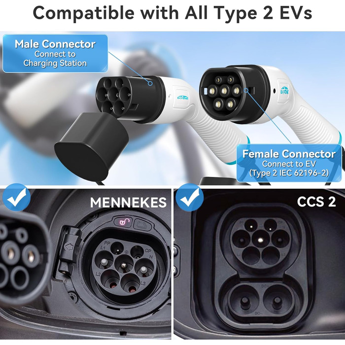 Зарядний кабель EVPEIWE 11кВт 16А тип 2 для електромобілів, 5М Портативний зарядний кабель типу 2 до типу 2 для електромобілів 480