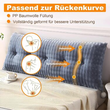 Подушка для спини, клиноподібна подушка, подушка для спини ліжка та дивана, зручна подушка для читання зі знімним чохлом та практичною бічною кишенею - ідеально підходить для того, щоб спиратися на неї в ліжку, світло-сіра, 200 см