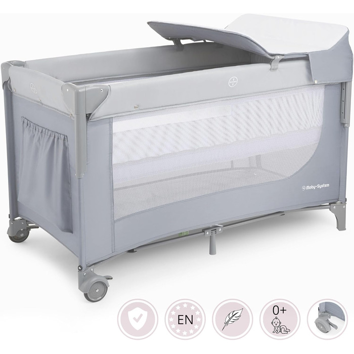 Дитяче ліжечко Moby-System Closely 3-в-1 - дитяче дорожнє ліжечко з пеленальною підкладкою, матрацом, сумкою для перенесення - регульована по висоті приліжкова ліжечка, манеж (6 предметів)
