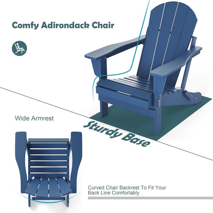 Стілець TORVA Adirondack з переробленого пластику, HDPE, розбірний, відкритий, крісла для патіо, крісло для газону, стійкий до погодних умов, стілець Adirondack, темно-синій